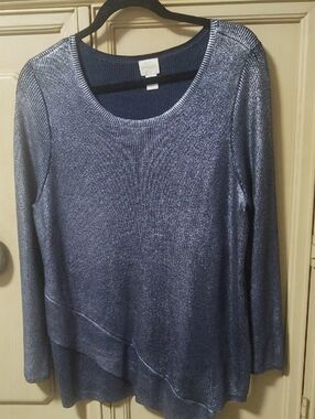 Chico's Woman's Asymmetrical Metallic Blue And Gray Tunic Sweater